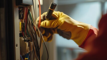 Electrician testing wiring for a new power system. Featuring technical skill and safety