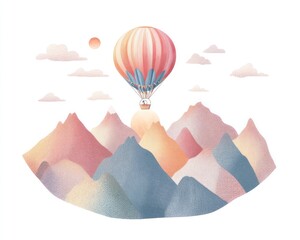 A whimsical illustration of a hot air balloon drifting above pastel-colored mountains, perfect for children's room decor or playful wall art