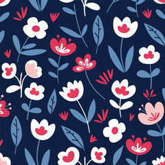 Playful Floral Pattern on Dark Blue Background
