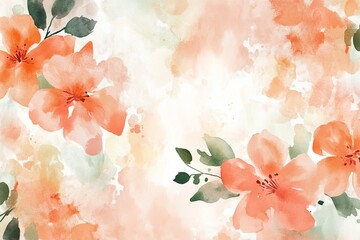 Watercolor painting featuring peach colored flowers and green leaves on a soft background art design