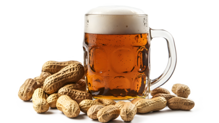 A glass of beer is next to a pile of peanuts. The image conveys a casual and relaxed atmosphere, as the combination of beer and peanuts is a common snack or drink pairing