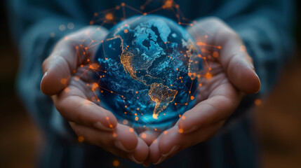 Digital Earth in Hands Futuristic Global Network Concept, Technology Innovation.
