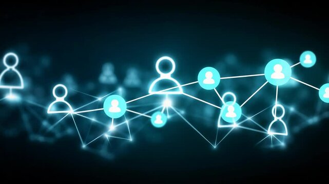 Abstract connection network with human icons, glowing blue, linking people and sharing information digitally on a dark background