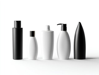 Black and white plastic cosmetic bottles set, each with unique shapes and smooth surfaces, isolated on a white background to highlight their minimalist designs for skincare and beauty products
