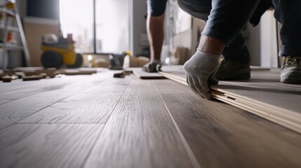 Fototapeta premium Carpenter installing hardwood flooring in a living room. Featuring craftsmanship and precision