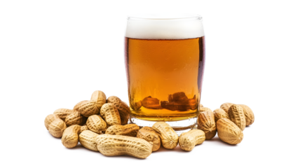 A glass of beer is next to a pile of peanuts. The peanuts are scattered around the glass, and the beer is almost full. The image conveys a casual and relaxed atmosphere