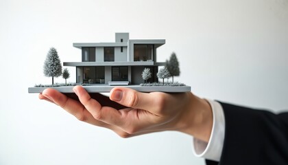 Hand holding miniature modern house model against white backdrop. Architectural project building presentation. Home design real estate development concept. Investment housing offer.