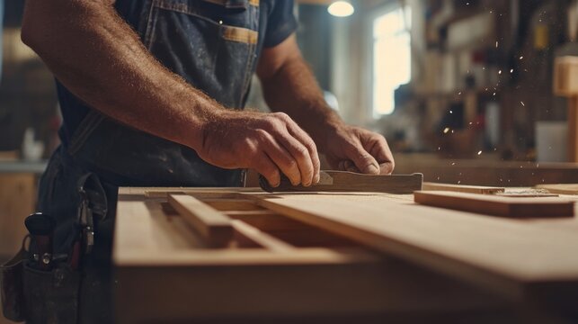 Carpenter installing kitchen cabinets in a newly constructed home. Featuring craftsmanship and attention to detail