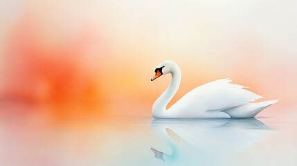 Fototapeta premium A white swan floats atop a water body with red and yellow background, and a bird in its beak