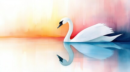 Obraz premium A white swan gracefully floats on a serene lake beside a towering building, illuminated by a brilliant red light on its side
