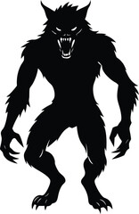 Fototapeta premium Silhouette of a Werewolf in a Fearsome Stance Displaying Sharp Teeth and Claws