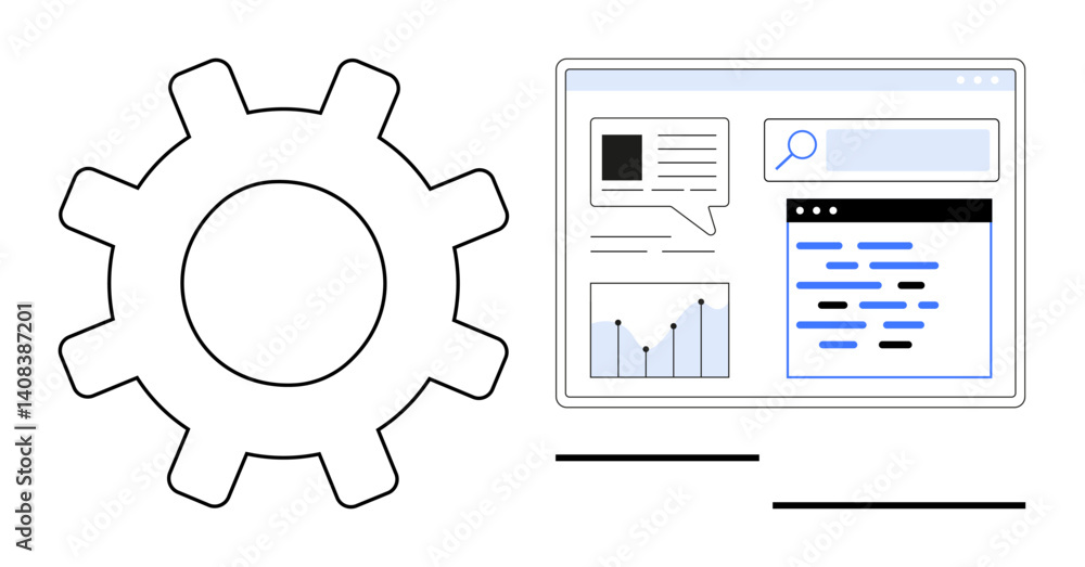 Poster gear beside a browser window with charts, search bar, and text layout representing data analysis, op