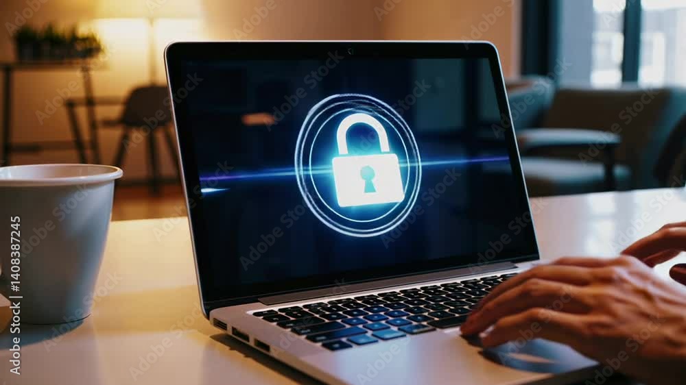 Poster Digital security professional working on data protection, typing on laptop with lock and encrypted code animation representing cybersecurity innovation