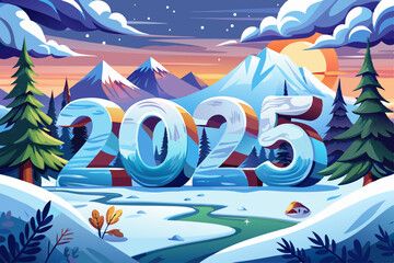 vector of 2025 written on snow in winter landscape. Spring transition