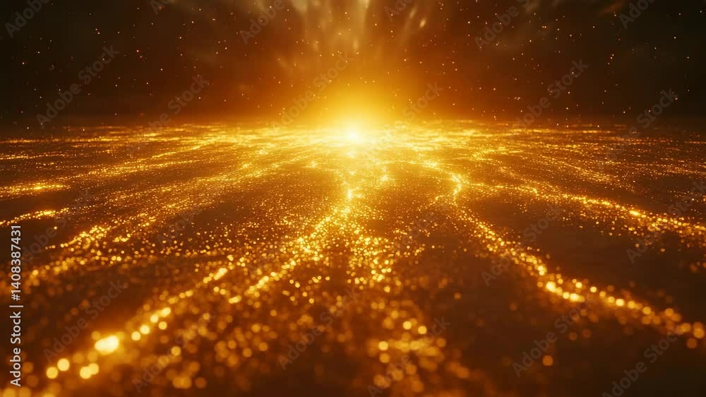 Poster abstract glowing golden particle field with shallow depth of field and bokeh, creating a sense of va