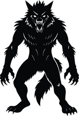 Obraz premium Silhouette of a Werewolf in a Fearsome Stance Displaying Sharp Teeth and Claws
