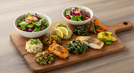 Gourmet Wooden Board Displaying Diverse Healthy Dishes For Meal Preparation