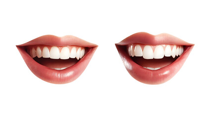 Fototapeta premium Two smiling lips with teeth showing. One is a close-up of a woman's mouth. The other is a close-up of a man's mouth