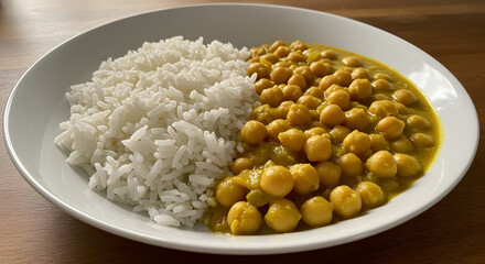Delicious Chickpea Curry Dish Served with Fluffy Rice In White Plate