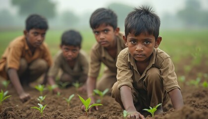 Indian boy works with other children in field. Children with serious gazes highlight severity child labor, rural areas. Agriculture, poverty, survival, childhood, family, harvest.