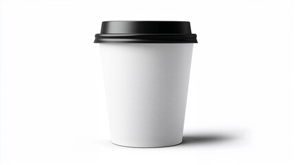 Plain white paper coffee cup with black lid, simple design, takeaway drink mockup
