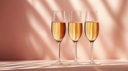 3 champagne glasses with a coral background and shadow textures
