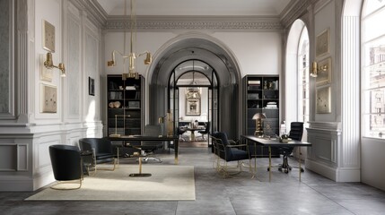Luxury office suite with arched doorways and brass details