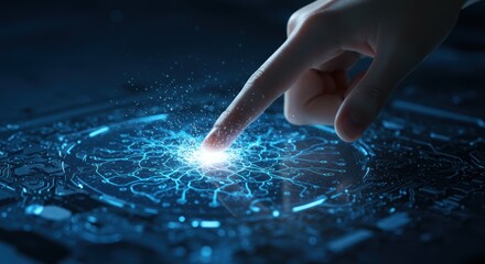 Finger touches glowing interface with circular design on a dark blue background.