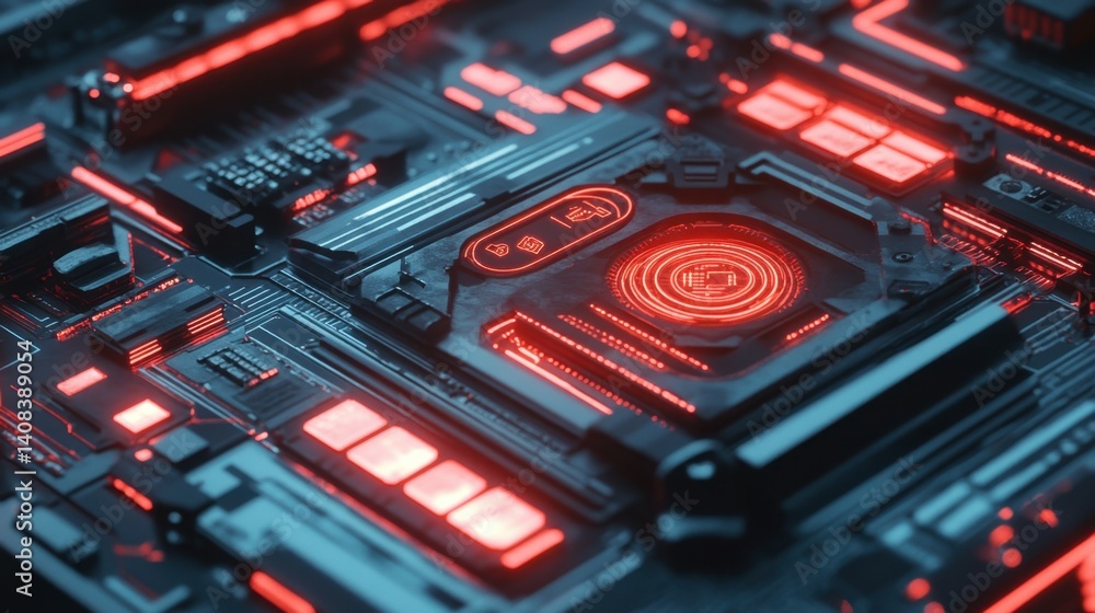 Poster futuristic digital circuit board with neon icons and high-tech interfaces