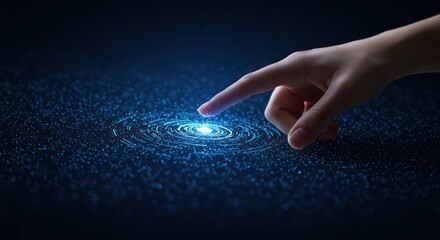 Hand touching a glowing blue light on a dark textured surface.