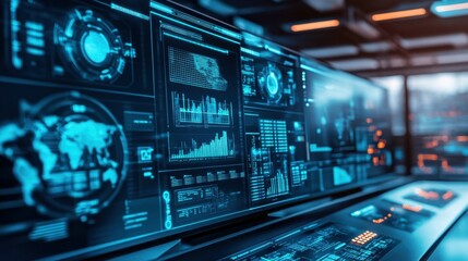 Fototapeta premium Futuristic control room with digital screens and holographic interface in cyber warfare setting