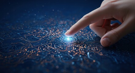 Finger touching a glowing blue light surrounded by particles on a dark surface.