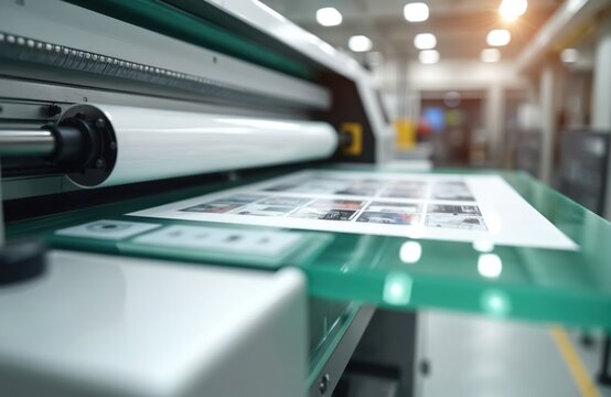 Industrial laminator applies film to paper in printing house production room. Production process, machine, film reel, industry, work, shop, printing, print, press, graphic design, publishing concept.