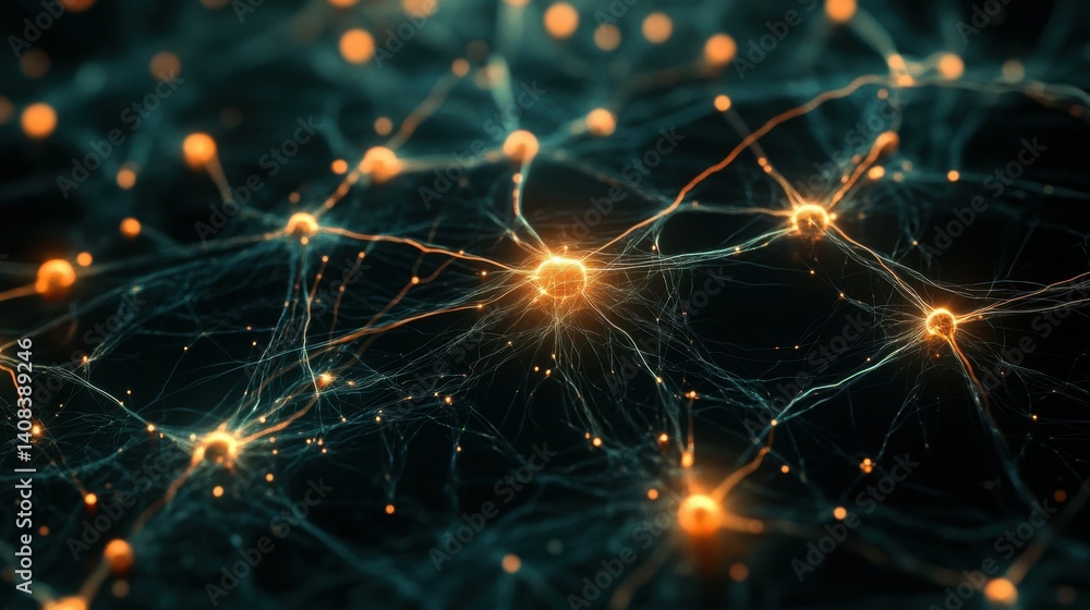 Poster futuristic network connections with glowing nodes on a dark background.