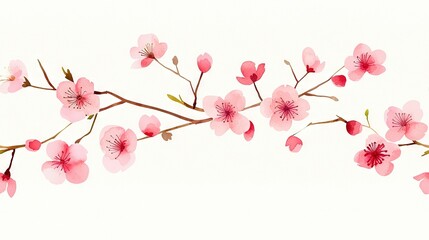   Cherry tree branch with pink flowers in close-up against white sky