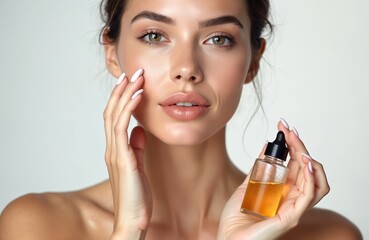 Fototapeta premium Close-up beauty portrait topless woman perfect skin with natural make-up holds serum for youth skin hydration. Dropper cosmetic oil. Concept of beauty skincare, facial treatment, skin care routine