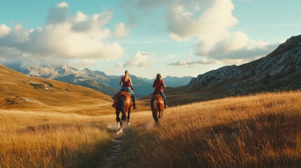 Running with horses through scenic mountain trails in the hills at sunset