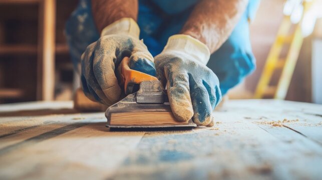 Carpenter sanding wood at a construction site. Featuring craftsmanship and attention to detail