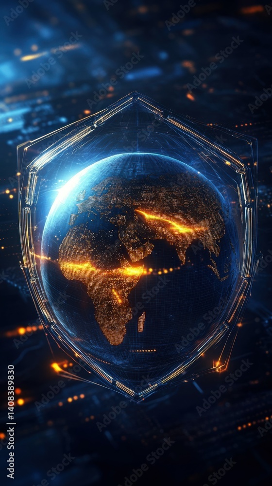 Poster *glowing globe within protective digital shields on a dark cyber background represents internet secu