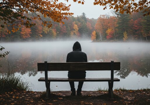 A hooded figure sits on a bench, admiring a foggy lake surrounded by autumn trees.