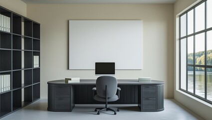 Modern office interior with blank mockup poster on wall. 3D Rendering