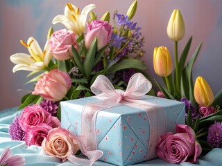 A beautifully wrapped gift with a delicate pink ribbon, surrounded by vibrant and fresh flowers.