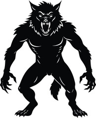 Fototapeta premium Silhouette of a Werewolf in a Fearsome Stance Displaying Sharp Teeth and Claws