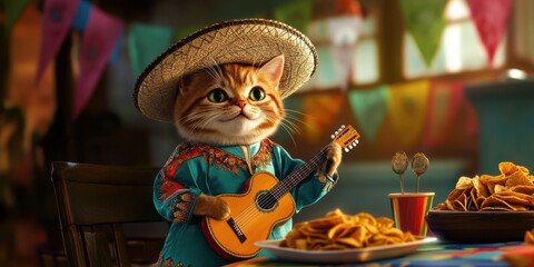 Festive cat in sombrero and mariachi jacket celebrating cinco de mayo with guitar and tacos