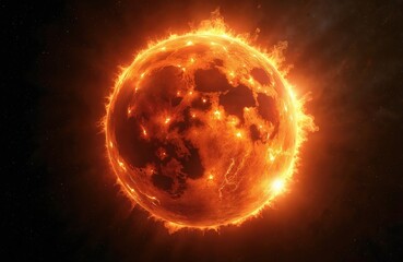 Fiery sun illustration in space, against black background. The solar flare shows heat, energy, power, and planet destruction. Apocalypse concept art for climate change, global warming, armageddon.