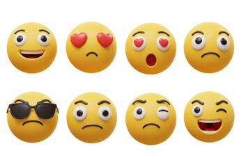 A vibrant 3d rendered emoji collection displaying diverse emotions on a white background.