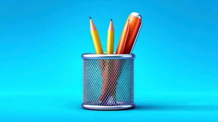Metallic Mesh Pencil Holder with Colored Pencils on a Vibrant Blue Background