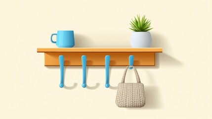 Minimalist Shelf Displaying Blue Mug, Green Plant in White Pot, and Beige Bag Against a Light Background