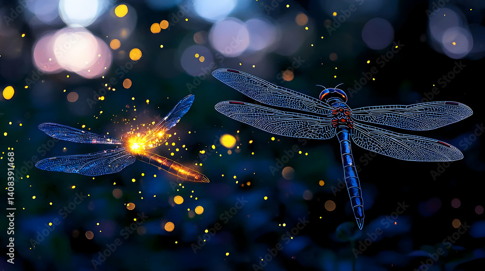 Poster two illuminated dragonflies in dark environment with bokeh effect