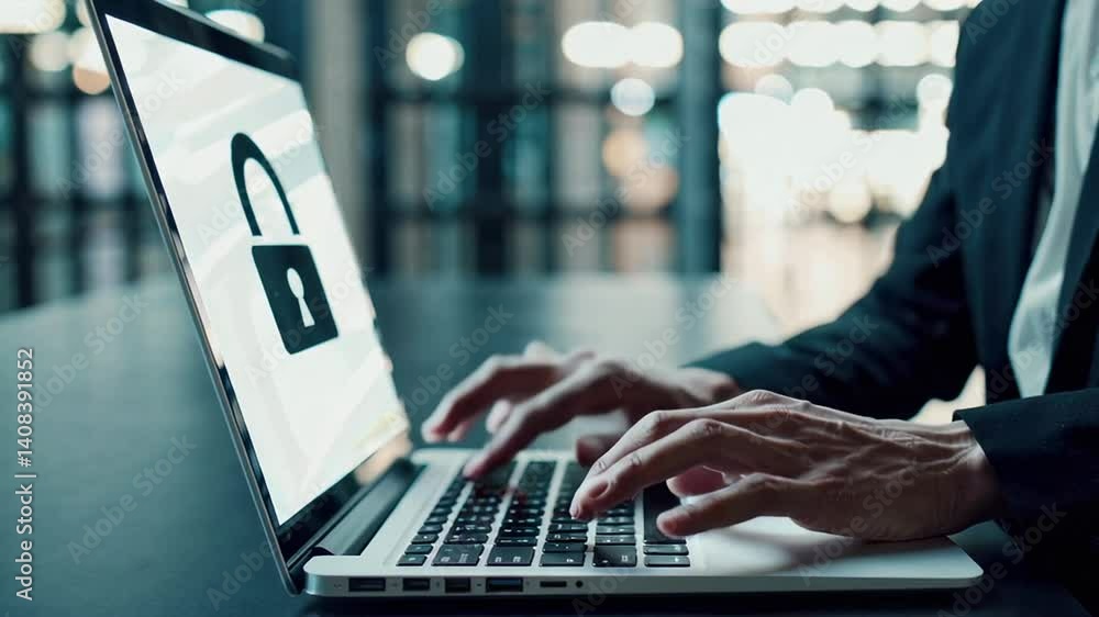 Aufkleber Programmers hands are typing code on laptop keyboard with security lock icon on screen in modern office, representing digital security and secure login